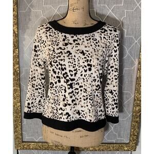 Vince Camuto Leopard Print Sheer Blouse Top 3/4 Zip Size M Animal Pattern Black